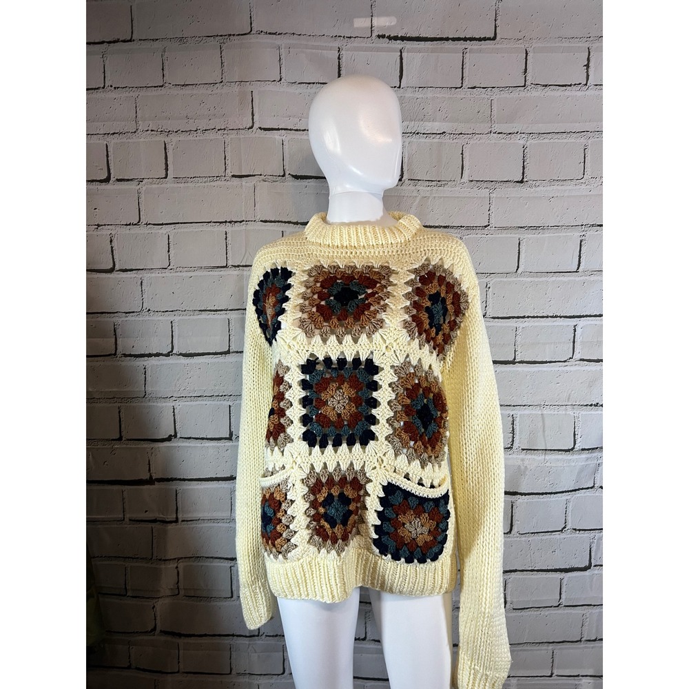1980s Crochet Granny Square Sweater Cream Patchwork Boho Mock Neck Pockets